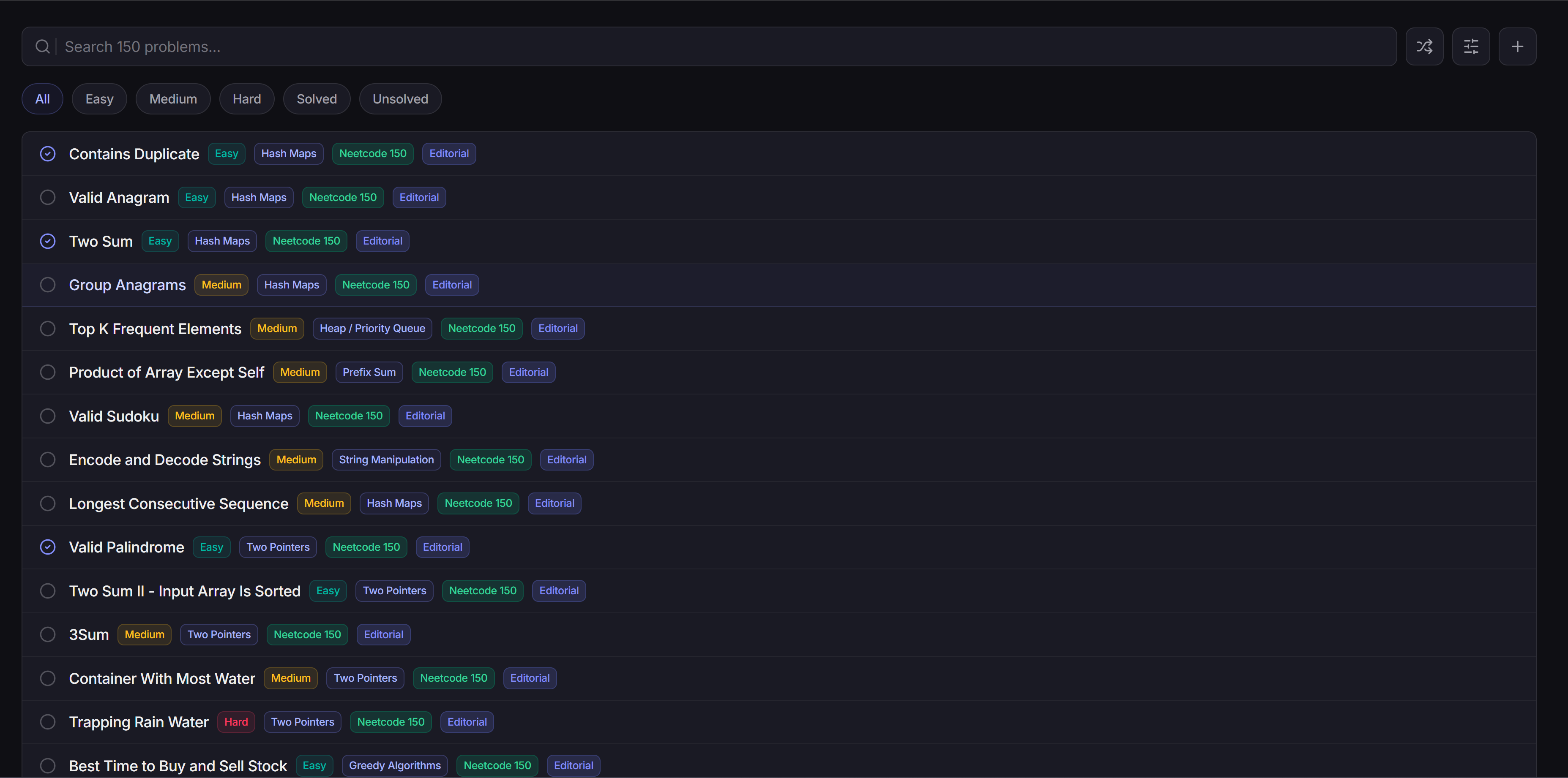 图1：题库面板展示NeetCode 150结构化路径